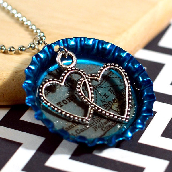 TORONTO - Destination: LOVE Personalized Map Resin Bottle Cap Pendant (Blue), Double Hearts Dangle Charm - Long Distance Relationship