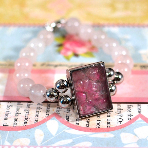 Resin Pendant Bracelet with Pink Rose Quartz Gemstones - Little Chips in Focal Pendant, Pink Stones and Silver Bead Accents - Girls' Size
