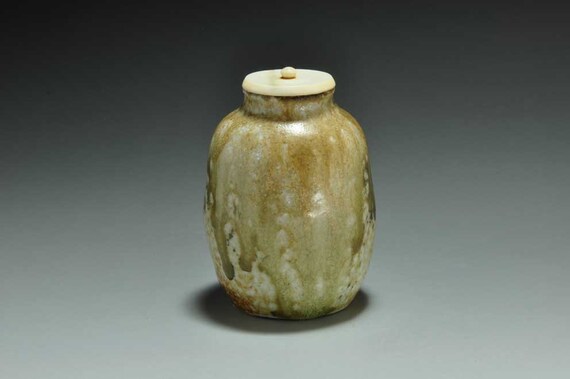 Shigaraki, anagama, ten-day anagama wood firing, with natural ash deposits tea caddy with ivory lid and clothes. chaire-32