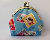 Coin purse Turquoise blue Retro Vintage stamps Cat Flower Kiss lock coin purse Clasp purse