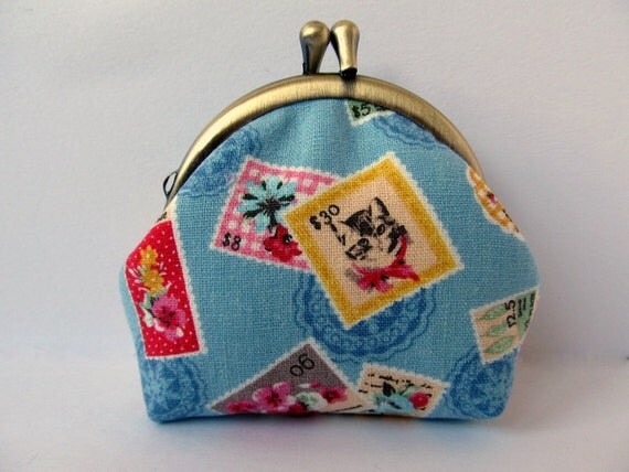 Coin purse Turquoise blue Retro Vintage stamps Cat Flower Kiss lock coin purse Clasp purse