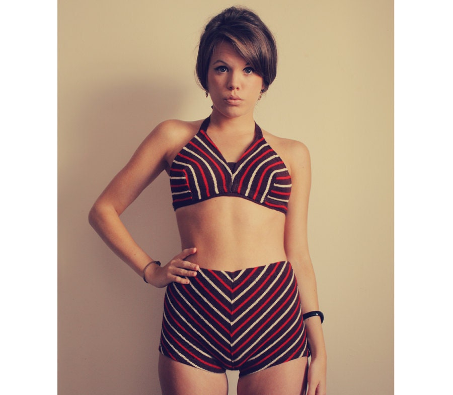40s / 50s High Waist Bikini / Striped Brown, Red and White / 1950s Two Piece Swimsuit