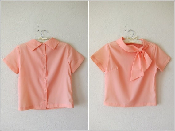 RESERVED 50's Pastel Peach Bow Neck Blouse / Marilyn Monroe Top / Spring Top