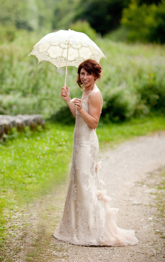 Dreamy Champagne Lace & Silk Wedding Dress with Swarovski hand beading