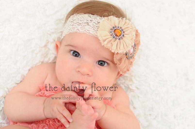 stella headband. two vintage shabby chic peach.orange flower.