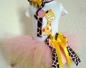 Birthday Giraffe Tutu Set- Pink, Yellow, and brown. Giraffe Animal Print.