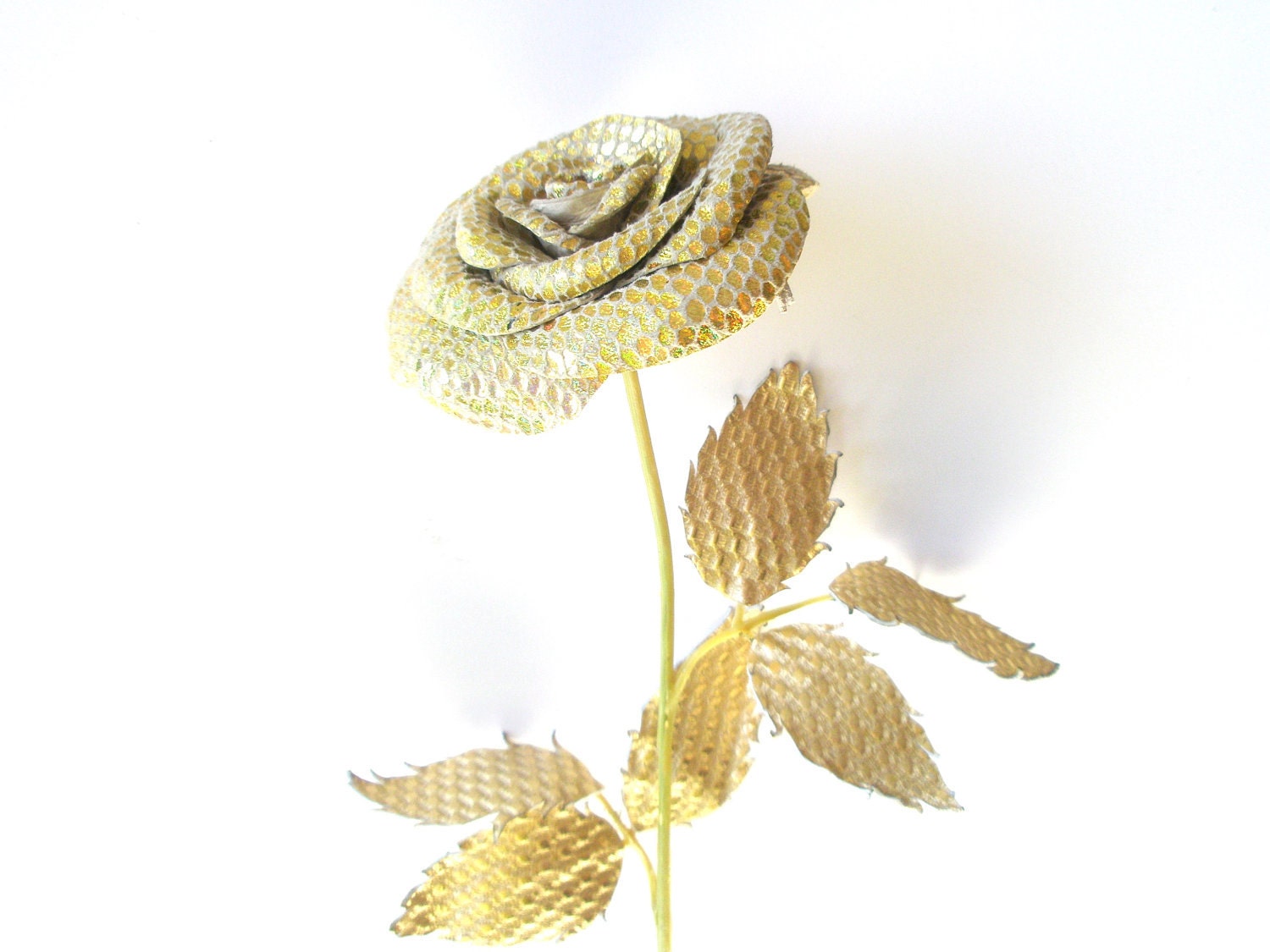 Gold flower- Leather rose- Wedding- 3rd Anniversary- Gift- Long Stem Flower- Valentines Day