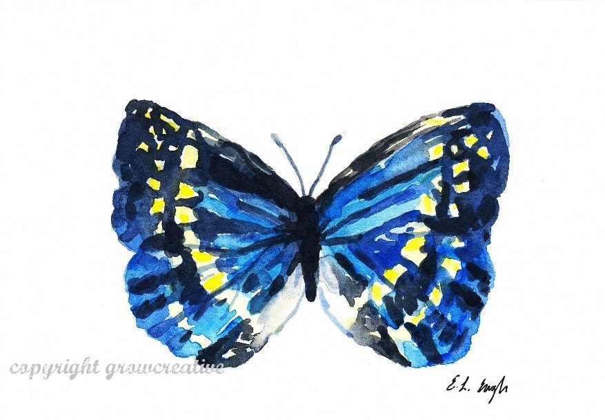 5 x7 Blue Butterfly Original Watercolor Painting
