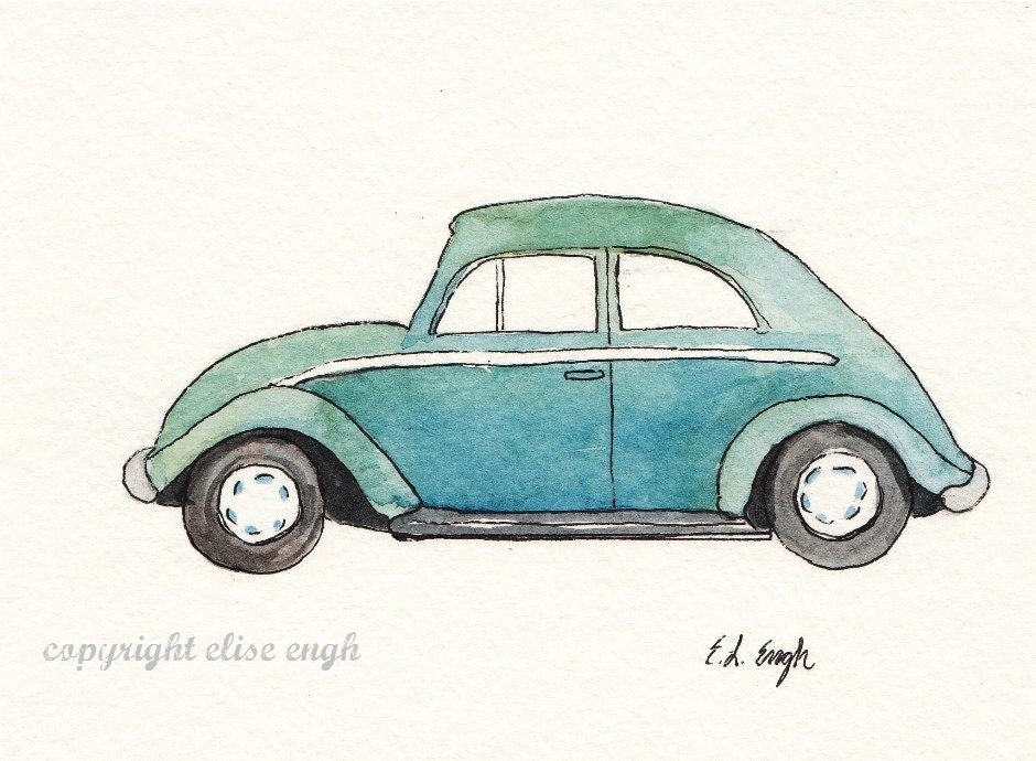 Original Watercolor and Ink Car Illustration: 5 x 7