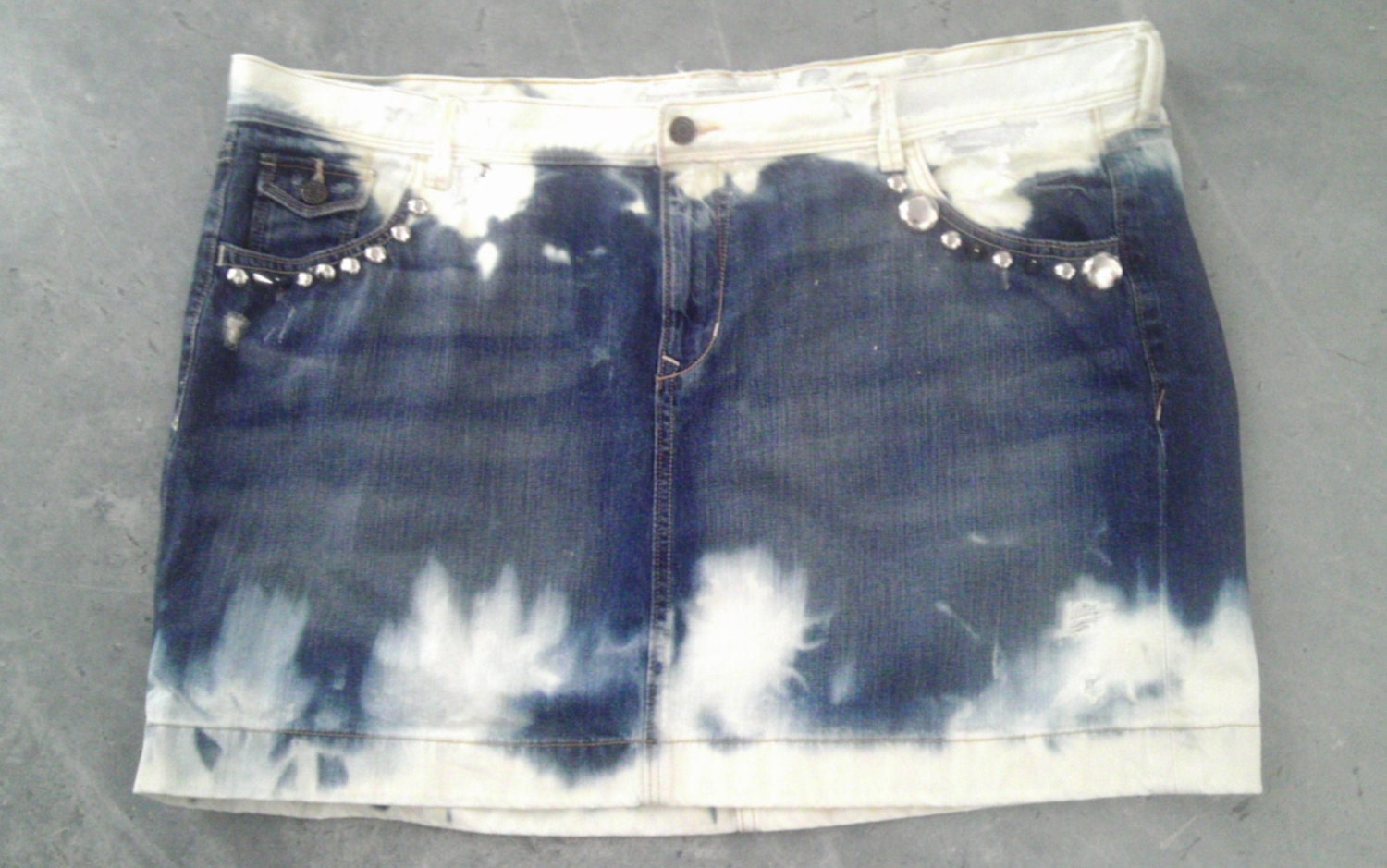 Dip dyed Ombre Distressed Studded Spiked Jean Mini plus size skirt Punk Glam Rocker