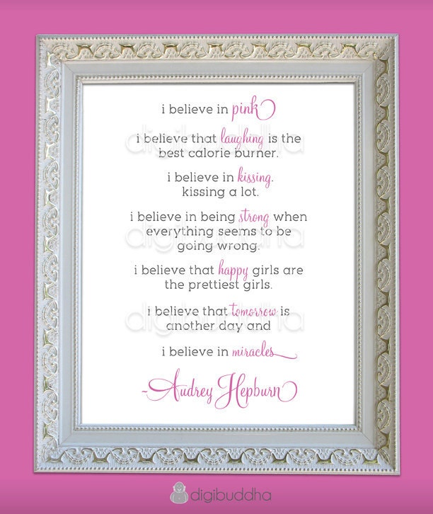 I Believe in Pink Audrey Hepburn Wall Art Print Poster Home Decor 8x10 Audrey Hepburn Quote Premium Print