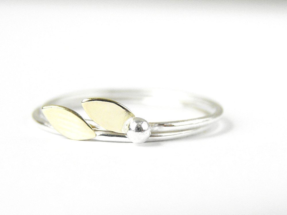 Delicate stacking rings. Leaf and berry. Sterling silver and gold brass