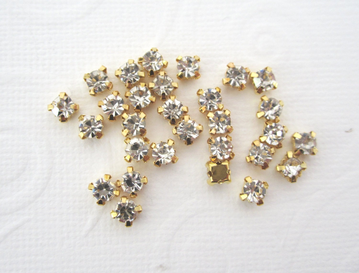 Sew on Rhinestones -- 3MM-- Gold Colored Settings --Super Sparkly -- 50 Pcs
