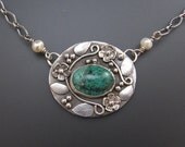 Chrysocolla sterling silver flower garden necklace with pearls - floral English garden nature jewelry - Victorian style botanical jewelry