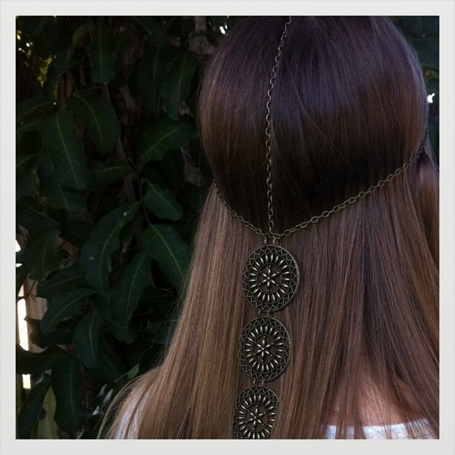 Brass Chain Headpiece with three brass filigree medallions.