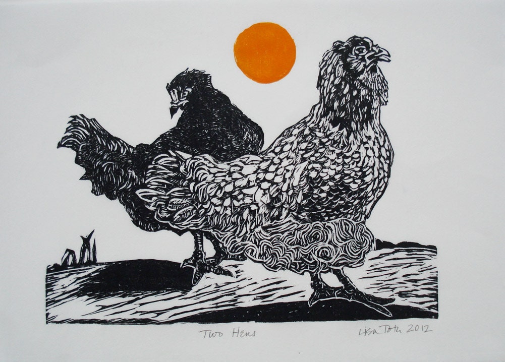 Woodblock print: Two Hens