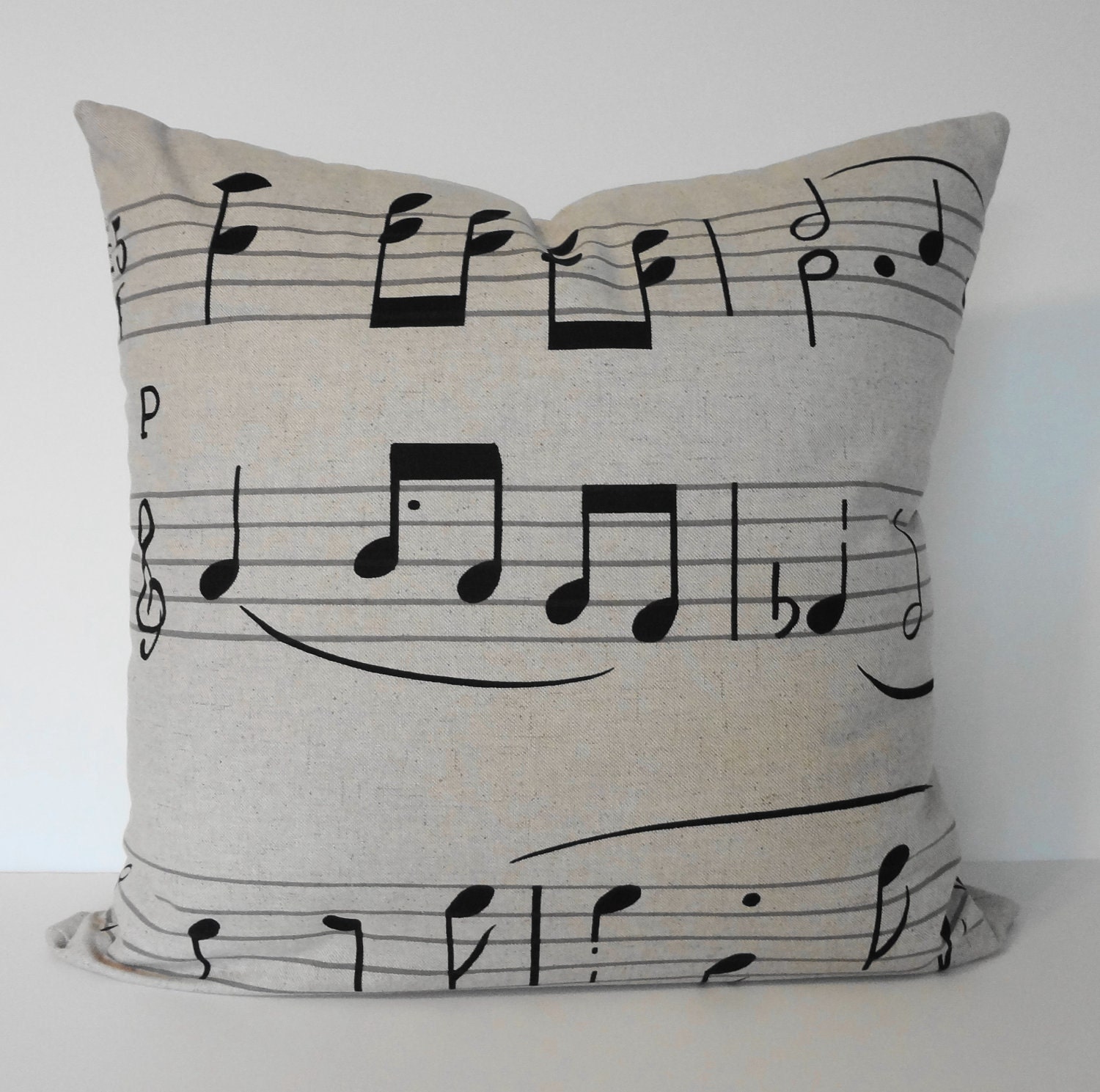 Musical Notes Decorative Linen Pillow Cover in Natural and Black 18 x 18