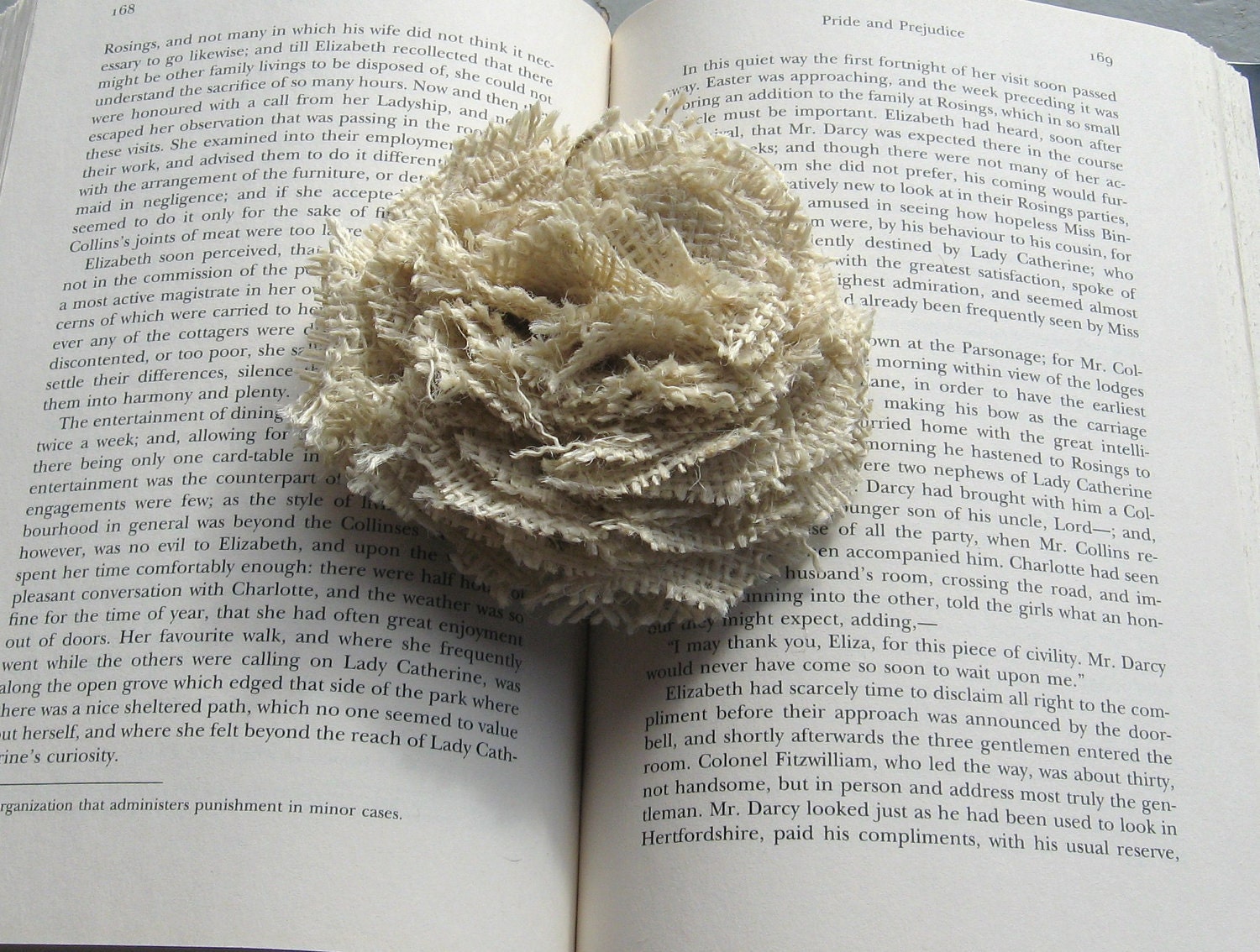 ooak natural burlap fabric flower rose bloom brooch. eco friendly