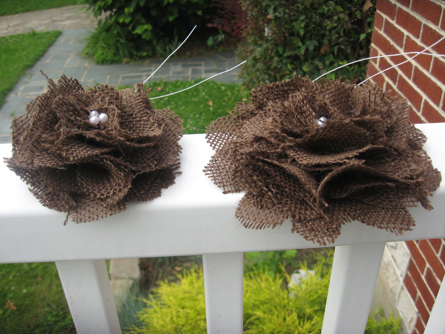 ooak chocolate brown burlap flower wedding cake decor toppers. pew bow decor. other colors available