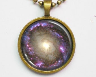 Astrographic Pendant Necklace - Spiral Galaxy NGC 4314 - Galaxy Pendant Series
