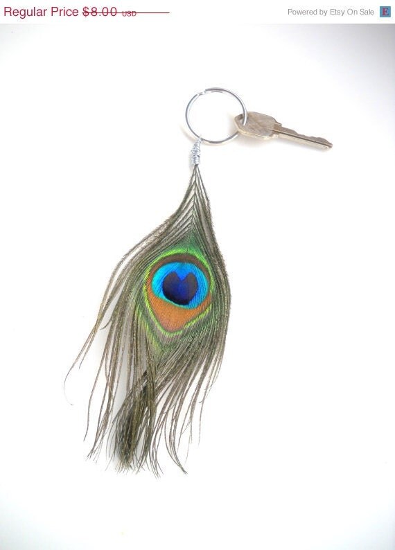 Peacock Feather Keychain uncut peacock eye wire wrapped by nichoir