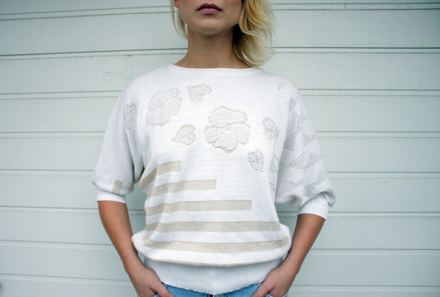 Shimmery White Vintage Batwing Flowers and Stripes Sweater