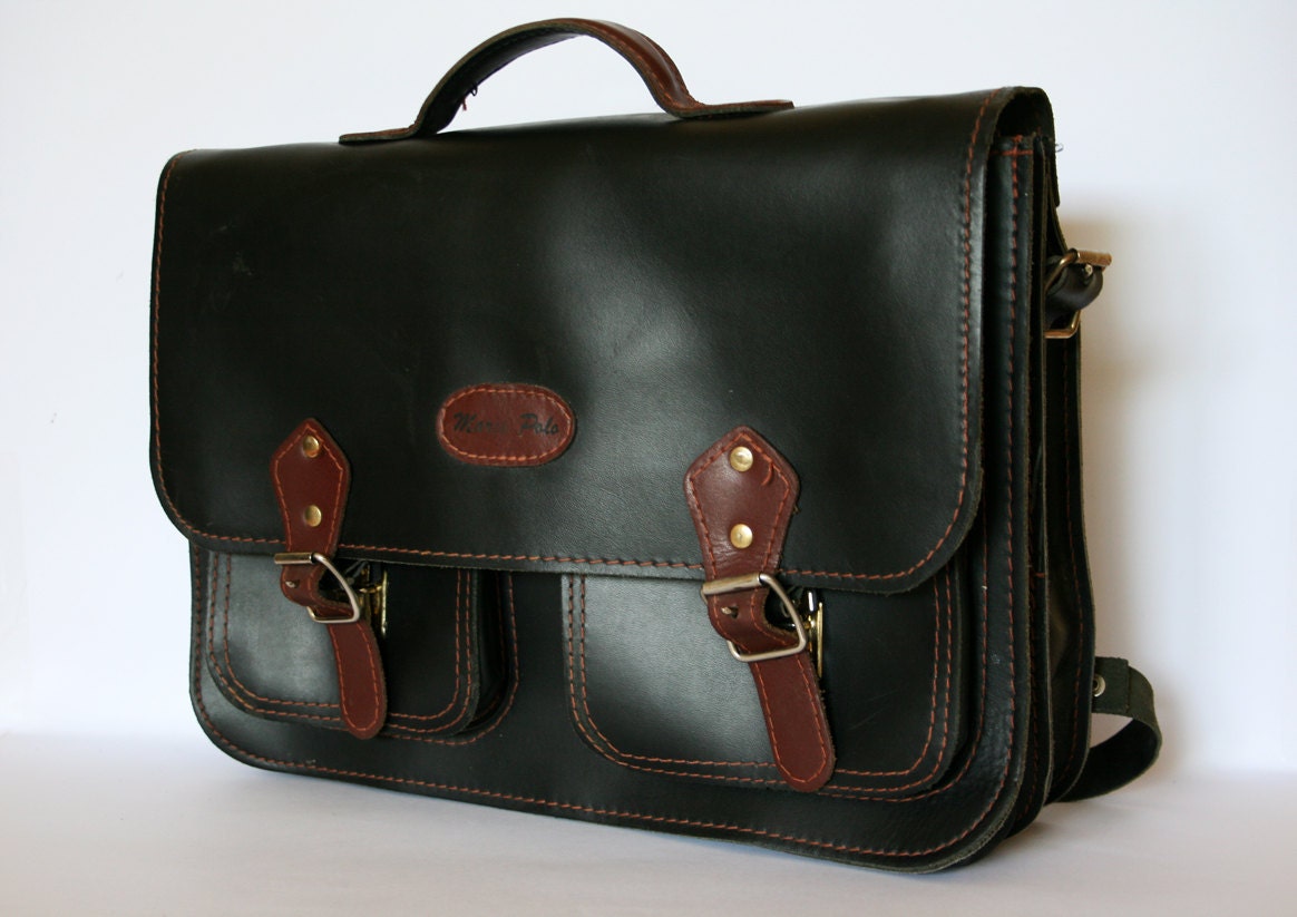 Vintage Large Marco Polo Black Leather Unisex Backpack Briefcase