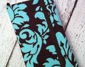 Turquoise and brown damask iPhone 3, 4, 4S, 5, iPod Touch 4G, 5 wallet with removable gel case
