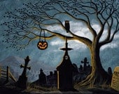 HALLOWEEN GRAVEYARD OWL Fine Art Print Spooky Tree Full Moon Glowing Jackolantern Creepy Gray Sky Gravestones by K Graham