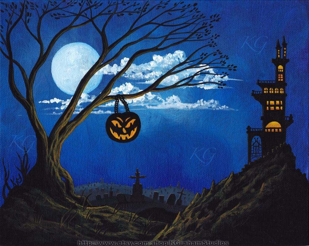 Halloween Painting 8 X 10 CASTLE GRAVEYARD  Original Art by K Graham Scary Jackolantern Spooky Tree Lighted Castle Eerie Graveyard Full Moon