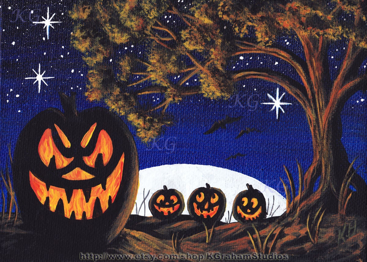 Halloween Original Painting "Full Moon Jackolanterns" 5 x 7 Art by K Graham Spooky Tree Full Moon Bats Jackolantern Pumpkins Starry Blue Sky