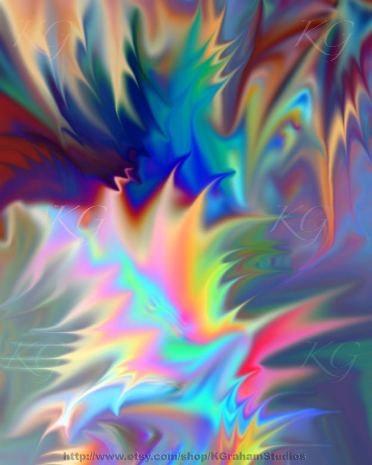 NEON LIGHTNING Art Print Colorful Digital Modern Abstract 8x10 Art by K Graham Yellow Red Black Blue Green Turquoise Pink Rainbow