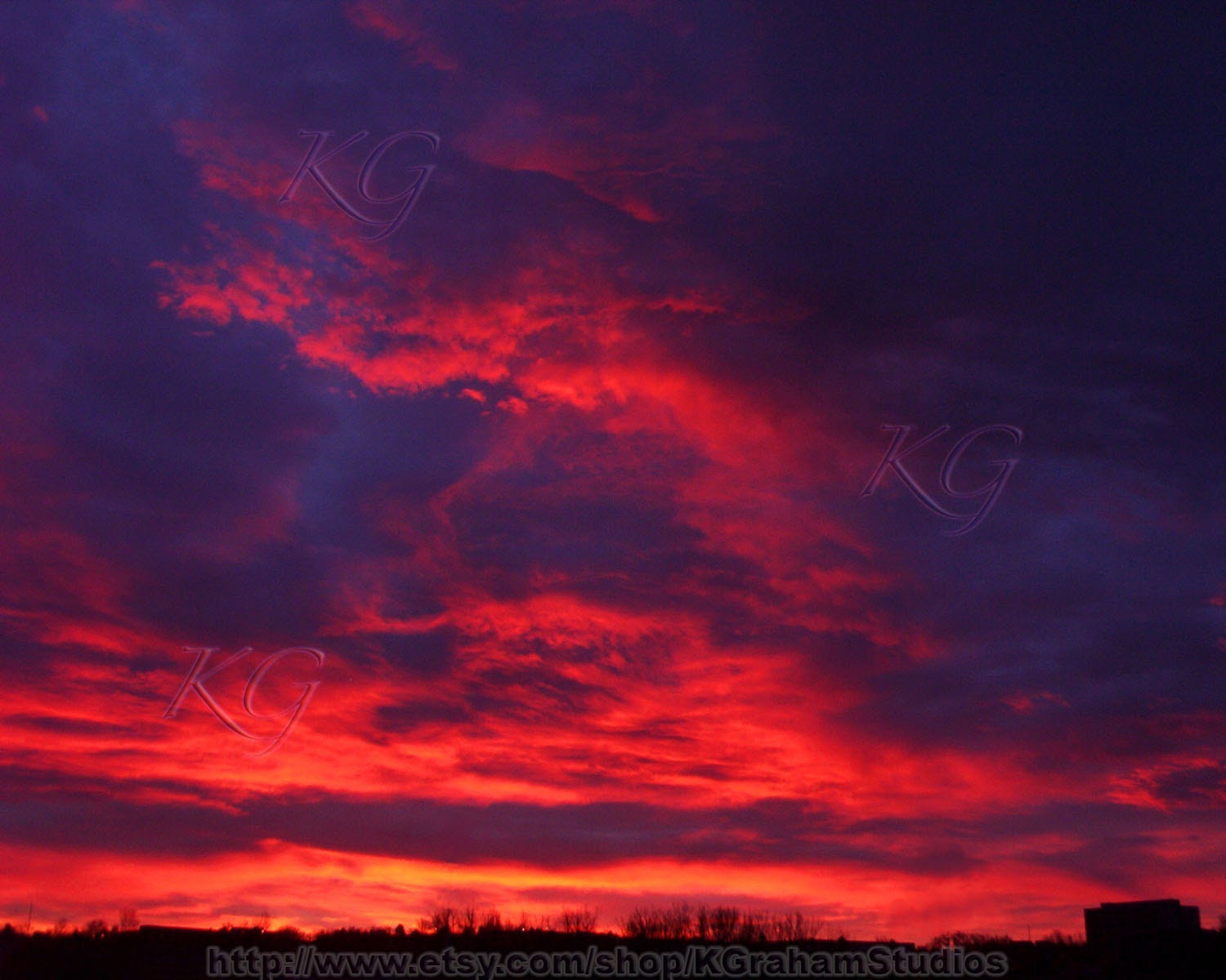 SUNRISE on FIRE Vivid Colorado Landscape Art Photo 8x10  Print by K. Graham Fiery Red Orange and Pink Clouds Fill a Dark Blue - Purple Sky