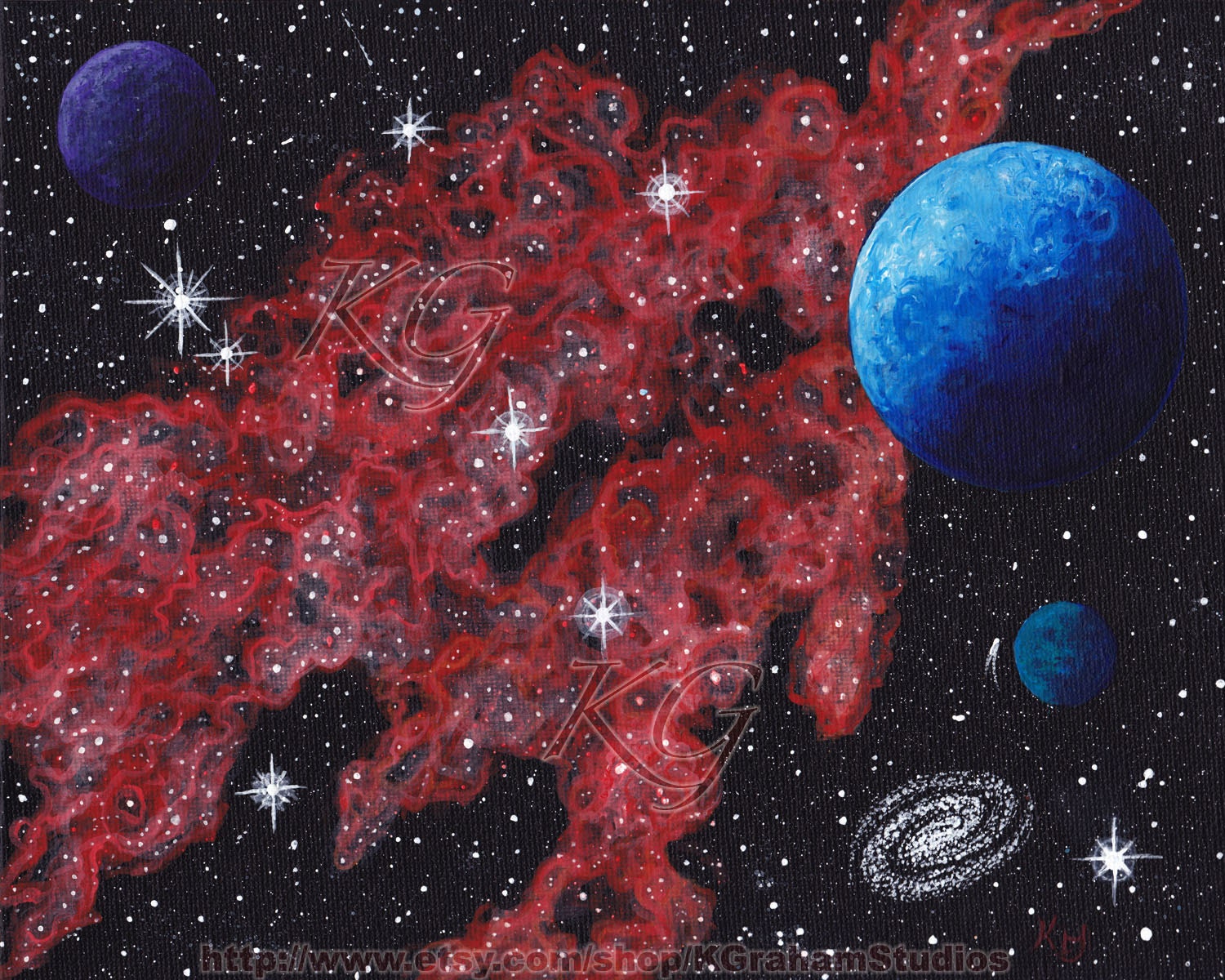 Red World - Blue Nebula - Spacescape Print of an Original Painting by K Graham  Space Stars Galaxy Cosmic Astronomy Planets