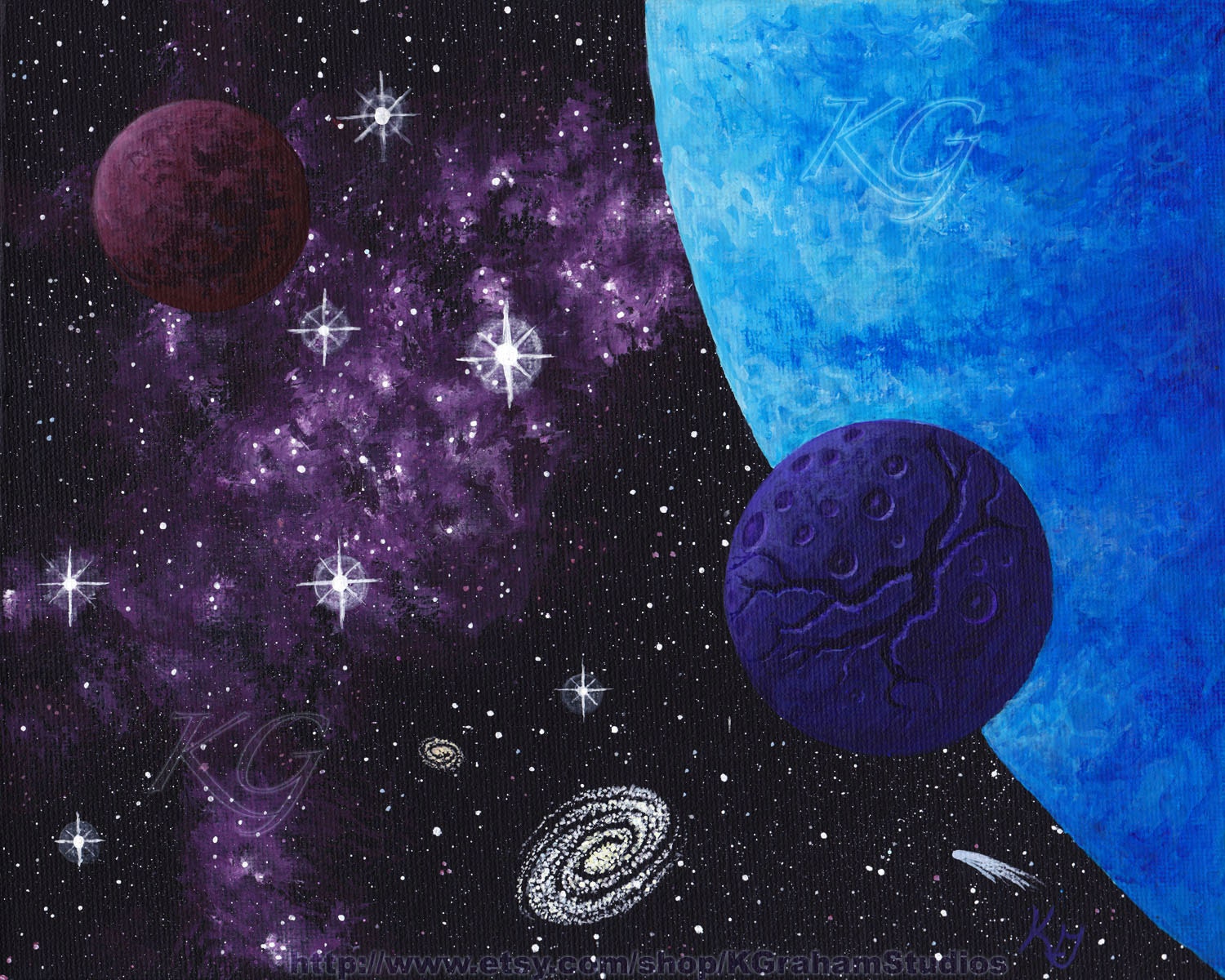 Space Art Original Painting "Blue World - Purple Nebula" 8x10 Cosmic Space-scape by K Graham Galaxy Comet Stars Planets Moons