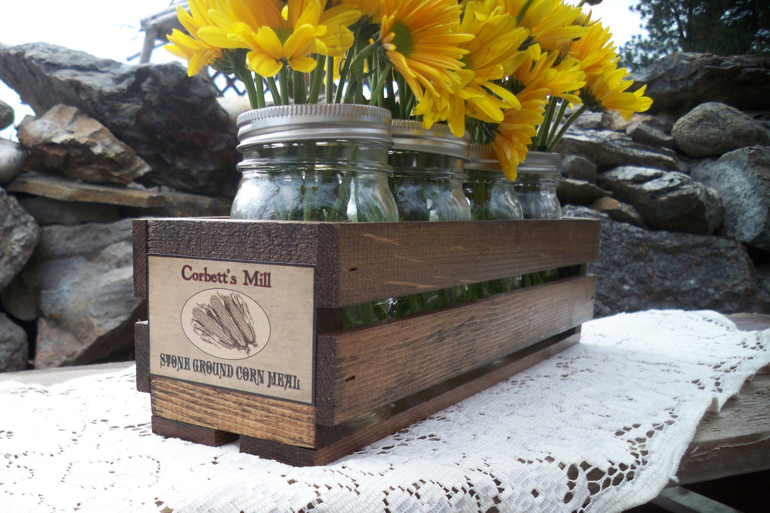Handmade wood crate with vintage kitchen label, 4 mason jar vases, country wedding display, featured on HGTV garden blog