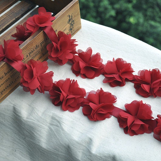 High Quality Wine Red Chiffon Flower Lace Trim DIY Handmade Accessory  2 yards YD0333