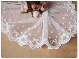 Lace,white bowknot soft net lace elastic yarn 13cm wide. 2 yards SJ0024
