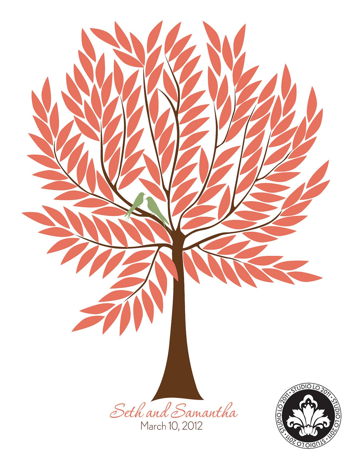 SIGNATURE WEDDING tree in Spring Colors. Guest book alternative. Love birds in the tree. (T3) 18x24 - 155 signatures. StudioLO2011