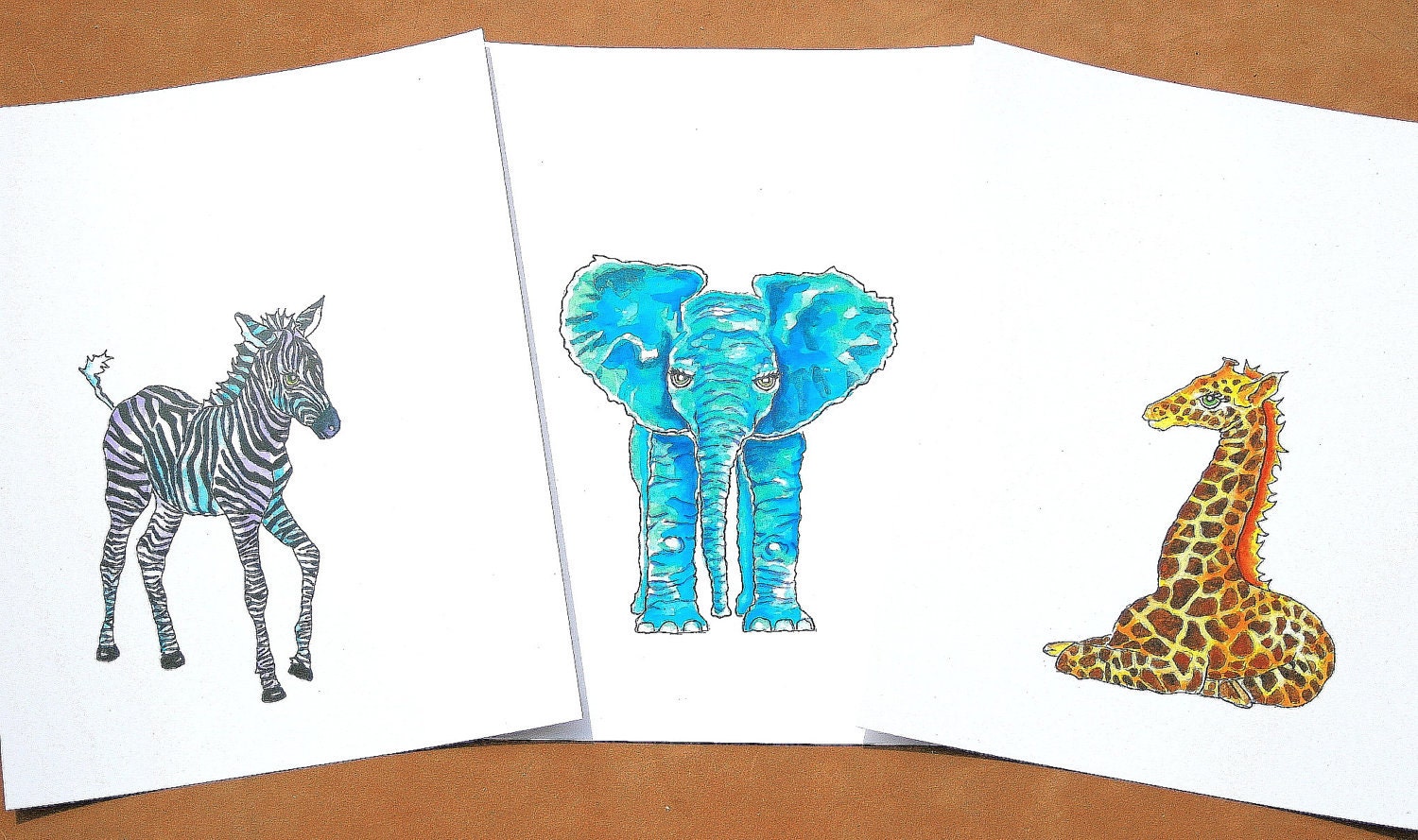 Baby Giraffe, zebra and elephant art print wall art Set of 3 Three Childrens art Nursery decor Safari Jungle wall art