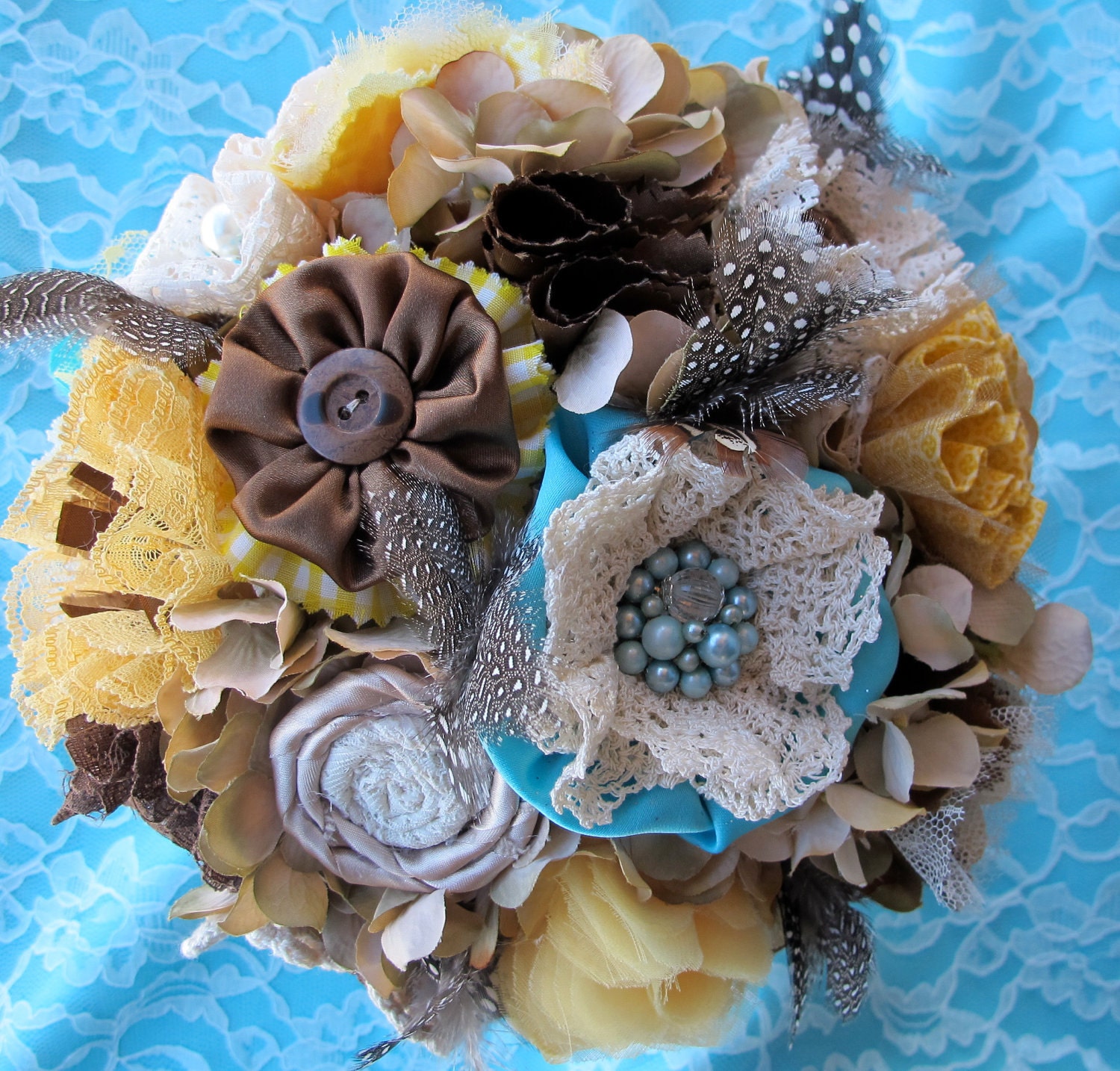 Rustic Burlap Wedding Bouquet: Vintage Fabric Lace Feather Country Bridal