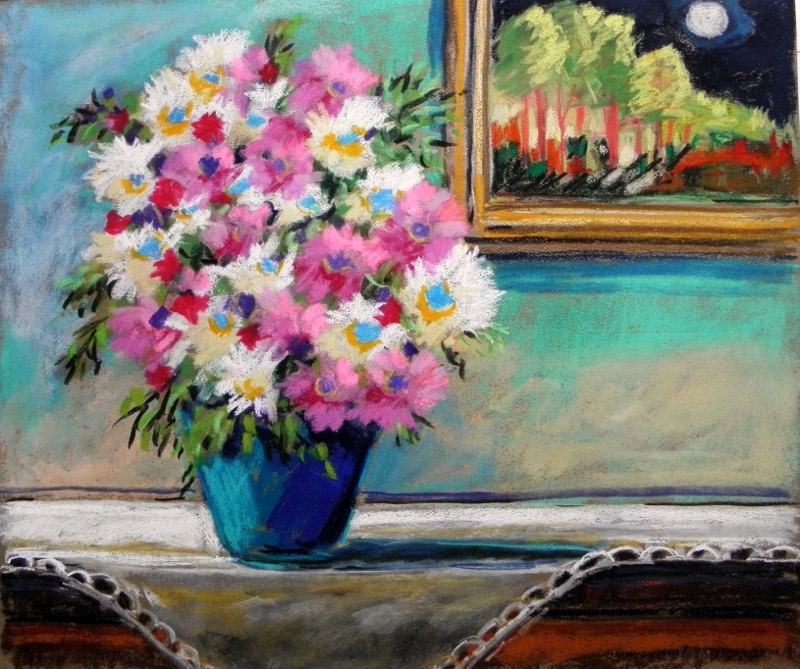 MOON and LACE Original Soft Pastel  Flower Painting drawing still life  JMW art John Williams Impressionism