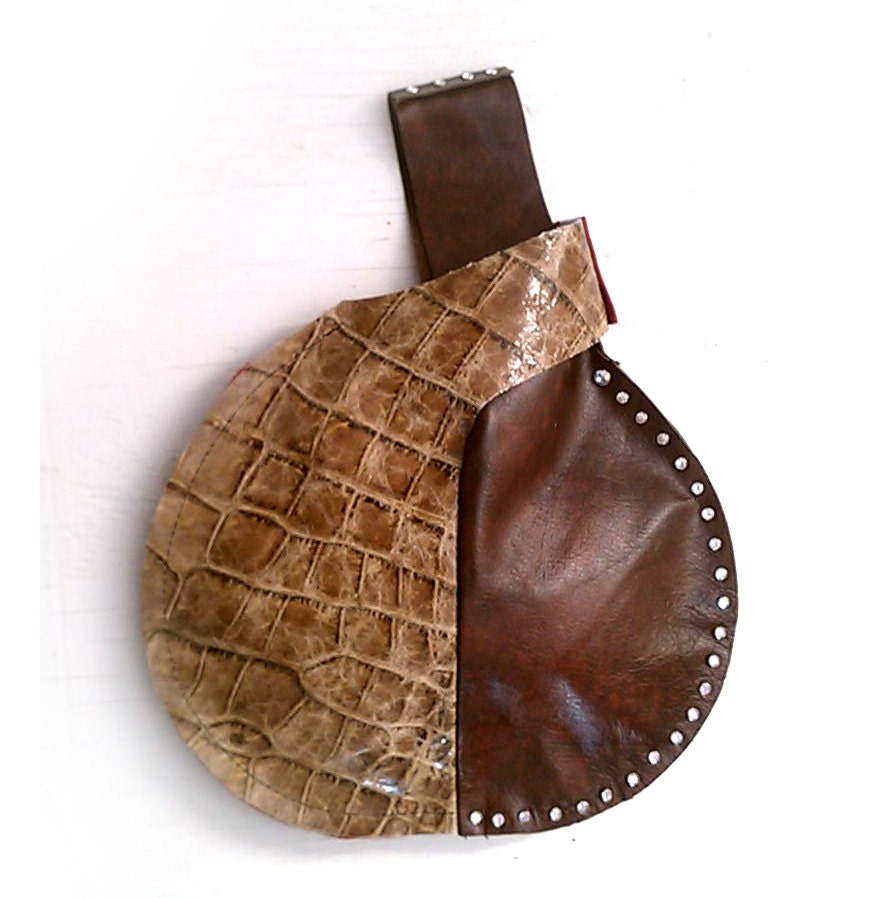 Wristlet Clutch Brown Red Crocodile Leather Studded Purse Bag Round Baby Buddha Japanese Knot Bag Crystals