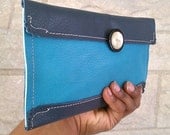 Leather Clutch Bag Purse Turquoise Navy Pearl Button Loveletter One Of A Kind OOAK