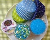 Baby Whale Cupcake Kit for Birthday Parties - Cupcake Decorations and Cupcake Liners - Blue and Green - SALE - SAVE 15%