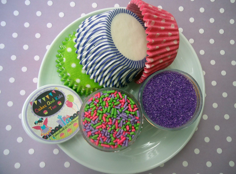 Sweet Pea Cupcake Kit - Sprinkles, Sugar and Cupcake Liners - Pink, Purple and Lime Green - SALE - SAVE 15%