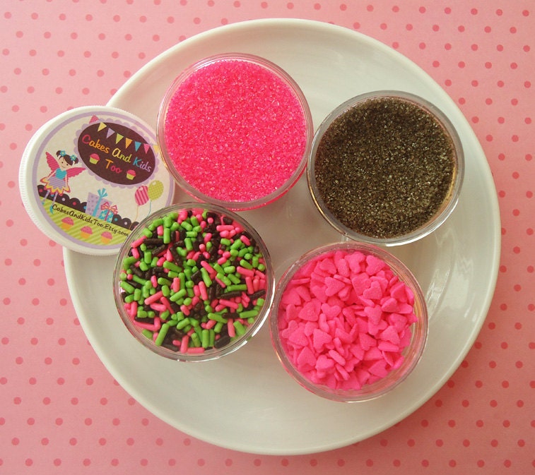 Girl Monkey Sprinkle Kit - Cupcake Sprinkles and Sugar Hearts - Pink, Lime and Brown - SALE - SAVE 15%