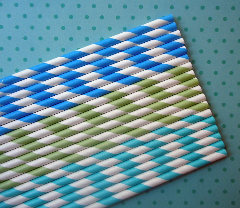 Paper Straws - Baby Whale Trio - Green, Aqua and Blue Stripes (30) - Includes Printable Flag Pennants - SALE - SAVE 15%