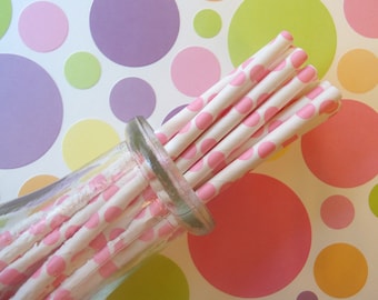 Pink Polka Dot Straws (60) - Paper Straws With Printable Flag Pennants - SALE - SAVE 15%