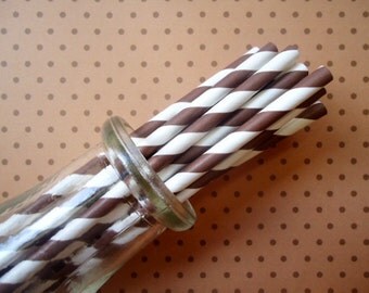 Chocolate Brown Striped Straws (30) - Paper Straws With Printable Flag Pennants - SALE - SAVE 15%